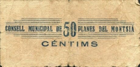 Rewers banknotu 50 Centimos Planes del Montsià (Hiszpania) 1937