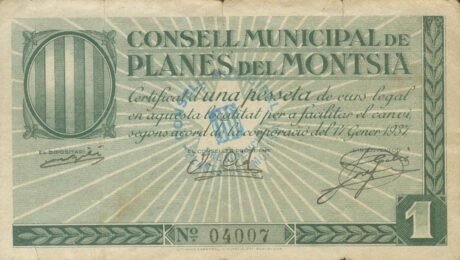 Аверс банкноты Samolot 1 peseta del Montsia (Hiszpania) 1937
