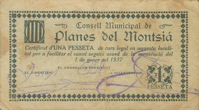 Аверс банкноты 1 песета Самолет дель Монтсиа (Испания) 1937 года