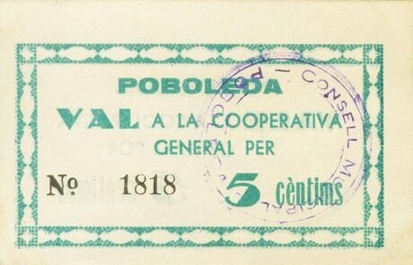 Аверс банкноты 5 centymów Poboleda (Hiszpania)