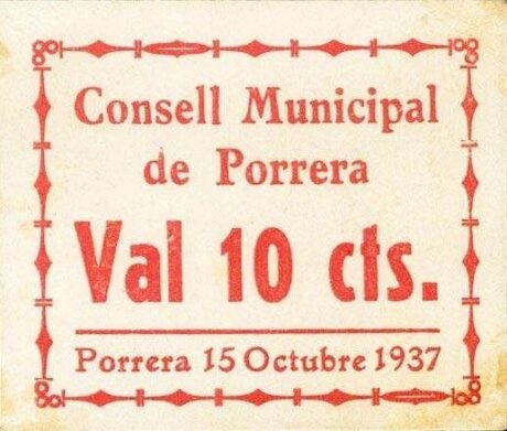Аверс банкноты 10 centymów Porrera (Hiszpania) 1937