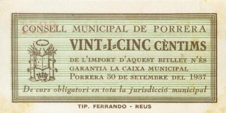 Аверс банкноты 25 сантимов Поррера (Испания) 1937 года