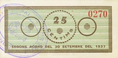 Реверс банкноты 25 сантимов Поррера (Испания) 1937 года