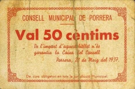 Аверс банкноты 50 centymów Porrera (Hiszpania) 1937