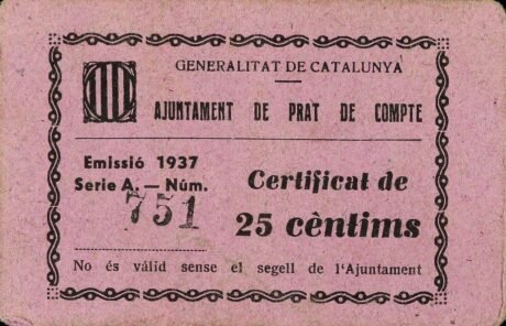 Аверс банкноты 25 centymów Prat de Comte (Hiszpania) 1937