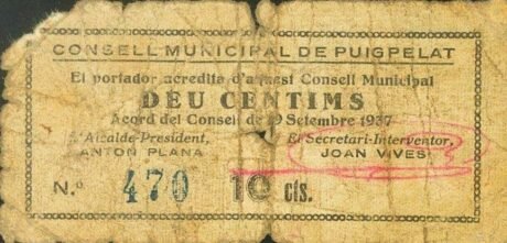 Аверс банкноты 10 centymów Puigpelat (Hiszpania) 1937