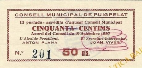 Аверс банкноты 50 centymów Puchpela (Hiszpania) 1937