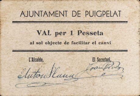 Аверс банкноты 1 peseta Puigpelat (Spain)