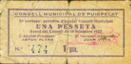 Аверс банкноты 1 peseta Puigpelat (Spain) 1937