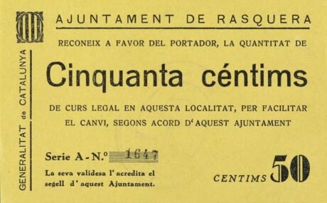 Аверс банкноты 50 сантимов Раскера (Испания) 1937 года