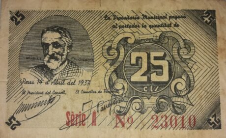 Аверс банкноты 25 centymów Reus (Hiszpania) 1937
