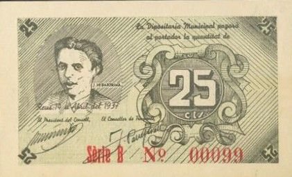 Аверс банкноты 25 centymów Reus (Hiszpania) 1937