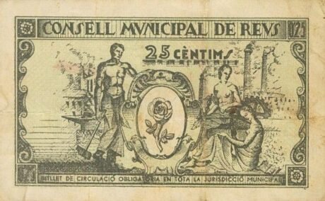 Реверс банкноты 25 centymów Reus (Hiszpania) 1937