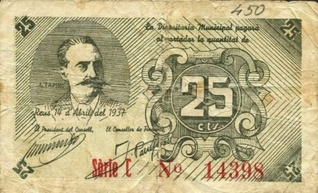 Аверс банкноты 25 centymów Reus (Hiszpania) 1937