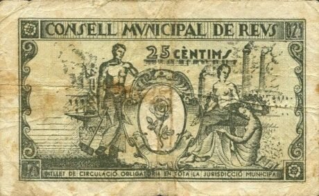 Реверс банкноты 25 centymów Reus (Hiszpania) 1937