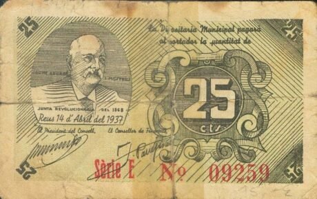 Аверс банкноты 25 centymów Reus (Hiszpania) 1937
