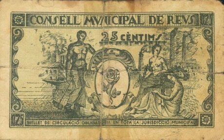 Реверс банкноты 25 centymów Reus (Hiszpania) 1937