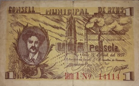 Аверс банкноты 1 песета Реус (Испания) 1937 года