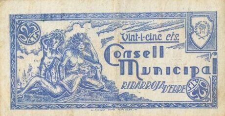 Аверс банкноты 25 сантимов Рибарроха д'Эбре (Испания)