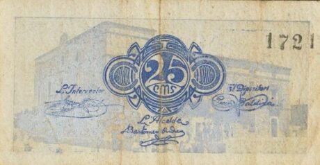 Реверс банкноты 25 сантимов Рибарроха д'Эбре (Испания)