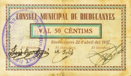 Аверс банкноты 50 сантимов Риудеканьес (Испания) 1937 года