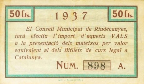 Реверс банкноты 50 сантимов Риудеканьес (Испания) 1937 года