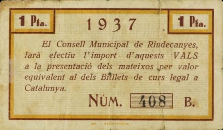 Реверс банкноты 1 песета Риудеканьес (Испания) 1937 года