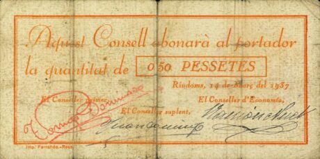 Аверс банкноты 0,50 Песеты Риудомс (Испания) 1937 года