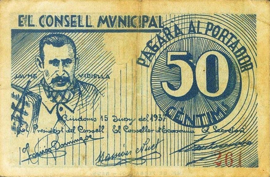 Аверс банкноты 50 сантимов Риудомс (Испания) 1937 года