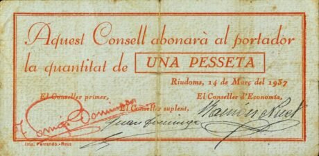 Аверс банкноты 1 peseta Riudoms (Spain) 1937