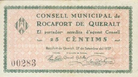 Аверс банкноты 25 Centimo Rocafort de Queralt (Hiszpania) 1937
