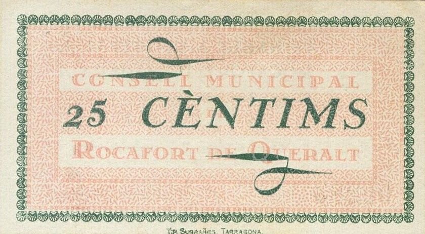 Реверс банкноты 25 Сентимо Рокафор де Керальт (Испания) 1937 года