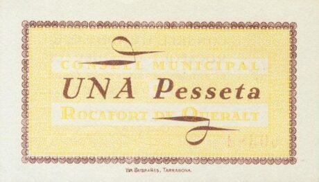 Реверс банкноты 1 песета Рокафор де Керальт (Испания) 1937 года