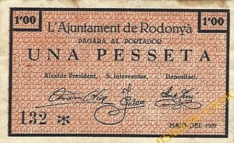 Аверс банкноты 1 peseta Rodonya (Spain) 1937