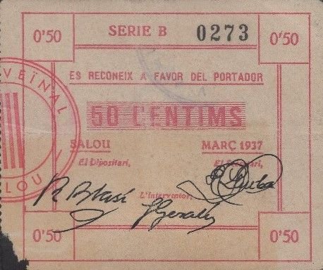 Аверс банкноты 50 сантимов Салоу (Испания) 1937 года