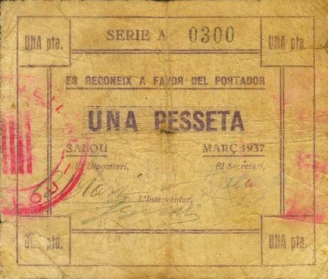 Аверс банкноты 1 Песета Салоу (Испания) 1937 года
