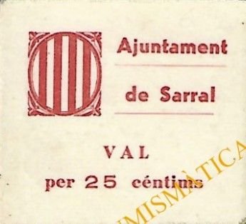 Аверс банкноты 25 сантимов Сарраль (Испания) 1937 года
