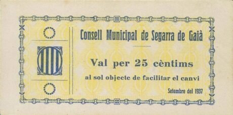 Аверс банкноты 25 сантимов Сегарра де Гайя (Испания) 1937 года