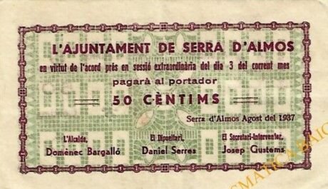 Аверс банкноты 50 сантимов Серра д'Альмос (Испания) 1937 года