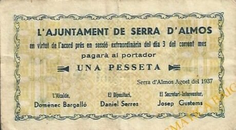 Аверс банкноты 1 песета Серра д'Альмос (Испания) 1937 года