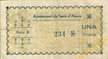 Реверс банкноты 1 песета Серра д'Альмос (Испания) 1937 года