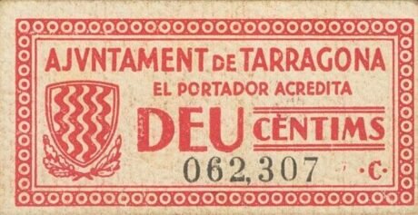 Аверс банкноты 10 сантимов Таррагона (Испания) 1937 года