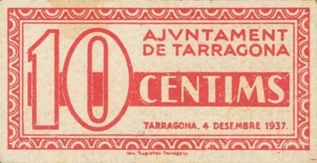 Реверс банкноты 10 сантимов Таррагона (Испания) 1937 года