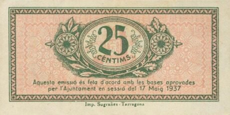 Реверс банкноты 25 centymów Tarragona (Hiszpania) 1937