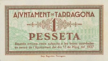 Реверс банкноты 1 peseta Tarragona (Hiszpania) 1937