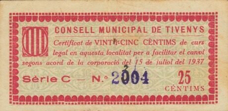 Аверс банкноты 25 centymów Tivenis (Hiszpania) 1937