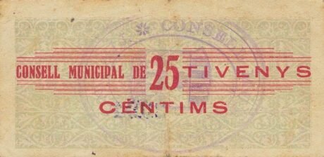 Реверс банкноты 25 centymów Tivenis (Hiszpania) 1937