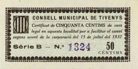 Аверс банкноты 50 сантимов Тивениса (Испания) 1937 года