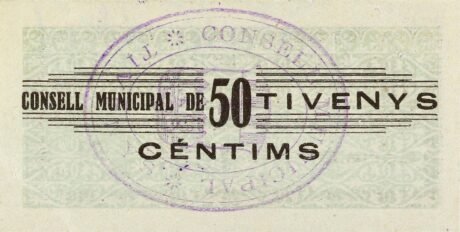 Реверс банкноты 50 сантимов Тивениса (Испания) 1937 года