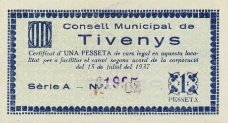 Аверс банкноты 1 Peseta Tivenis (Hiszpania) 1937